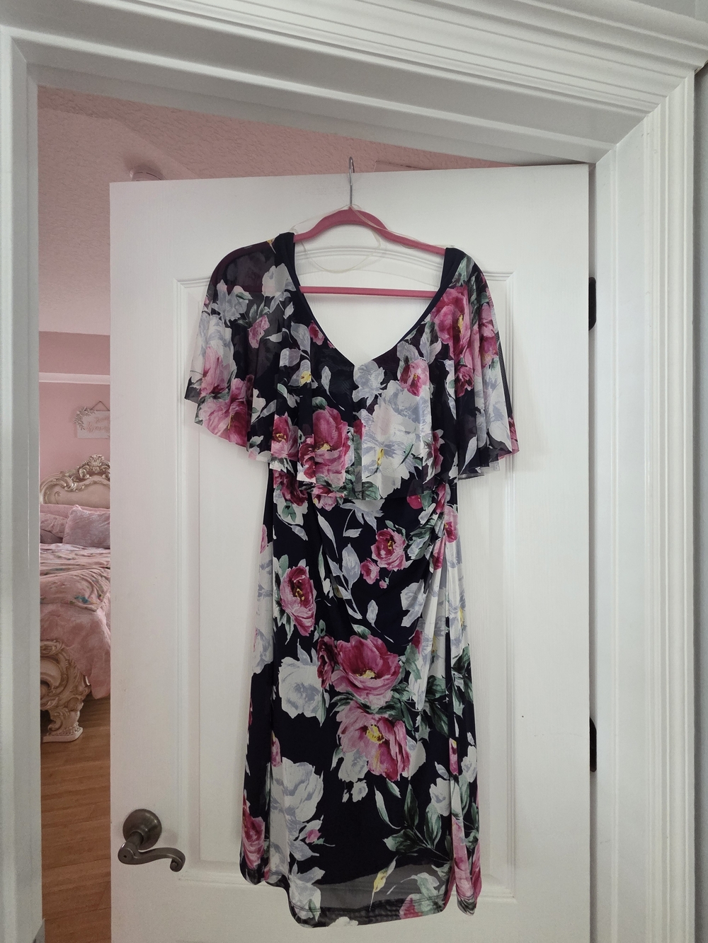 Connected apparel Navy Blue Floral Midi Dress with Pink and White Blooms NWOT